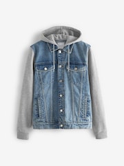Blue Denim Jacket With Jersey Sleeve And Hood - Image 6 of 10