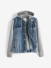 Blue Denim Jacket With Jersey Sleeve And Hood - Image 7 of 10