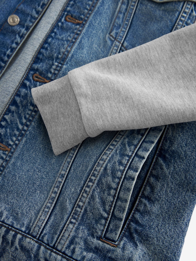 Blue Denim Jacket With Jersey Sleeve And Hood - Image 9 of 10