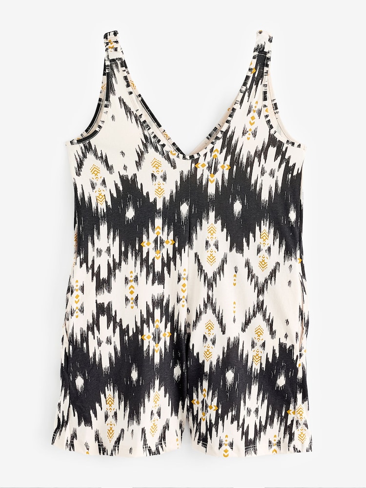 Black/White Print V-Neck Jersey Romper 100% Cotton Rich Playsuit - Image 2 of 3