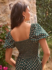 Teal/Ecru Spot Puff Sleeve Midi Dress - Image 4 of 5