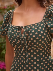 Teal/Ecru Spot Puff Sleeve Midi Dress - Image 5 of 5
