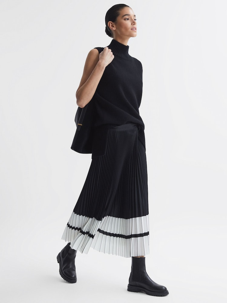 Reiss Black/White Marie High Rise Pleated Midi Skirt - Image 1 of 6