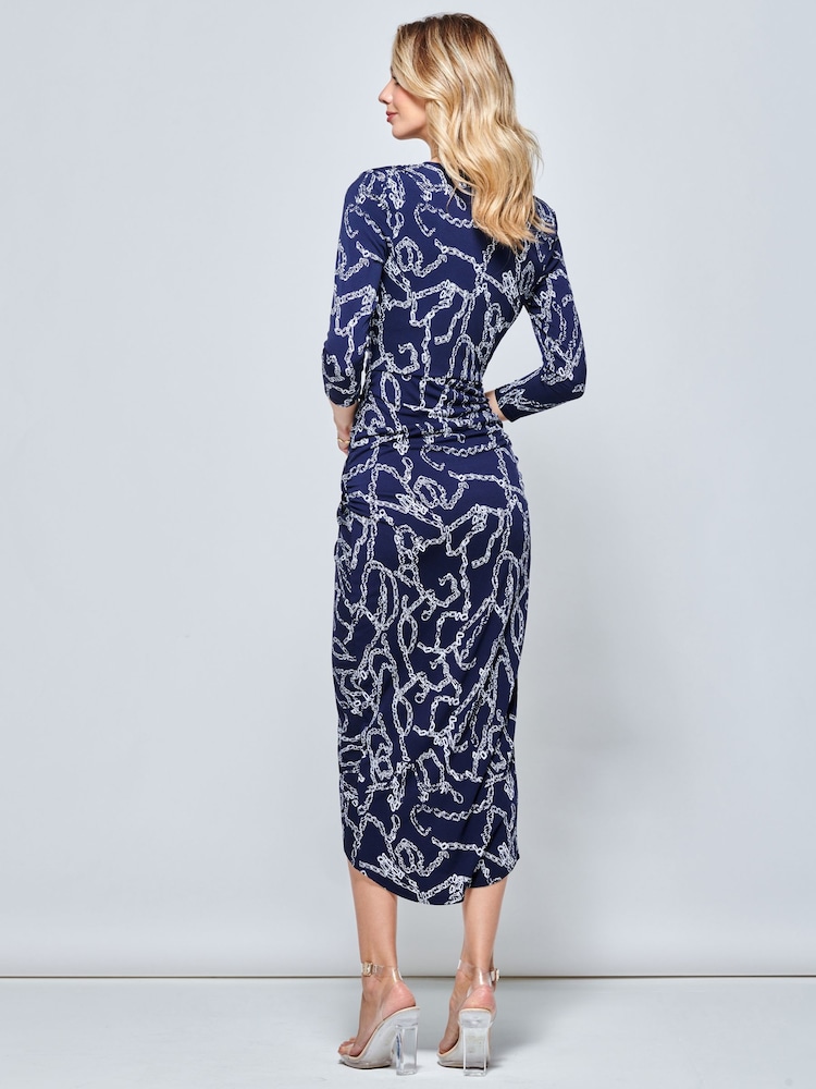 Jolie Moi Blue Print Wrap Front Bodycon Maxi Dress - Image 2 of 6