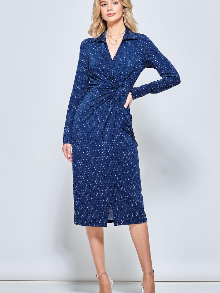 Jolie Moi Blue Spot Print Wrap Midi Shirt Dress - Image 1 of 5