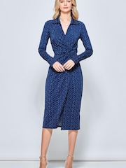 Jolie Moi Blue Spot Print Wrap Midi Shirt Dress - Image 3 of 5