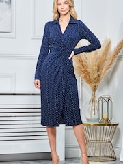 Jolie Moi Blue Spot Print Wrap Midi Shirt Dress - Image 4 of 5