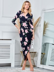 Jolie Moi Blue Long Sleeve Wrap Front Bodycon Dress - Image 1 of 5
