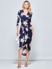 Jolie Moi Blue Long Sleeve Wrap Front Bodycon Dress - Image 3 of 5