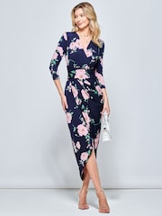 Jolie Moi Blue Long Sleeve Wrap Front Bodycon Dress - Image 4 of 5