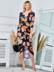 Jolie Moi Blue/ White Long Sleeve Wrap Front Bodycon Dress - Image 1 of 6