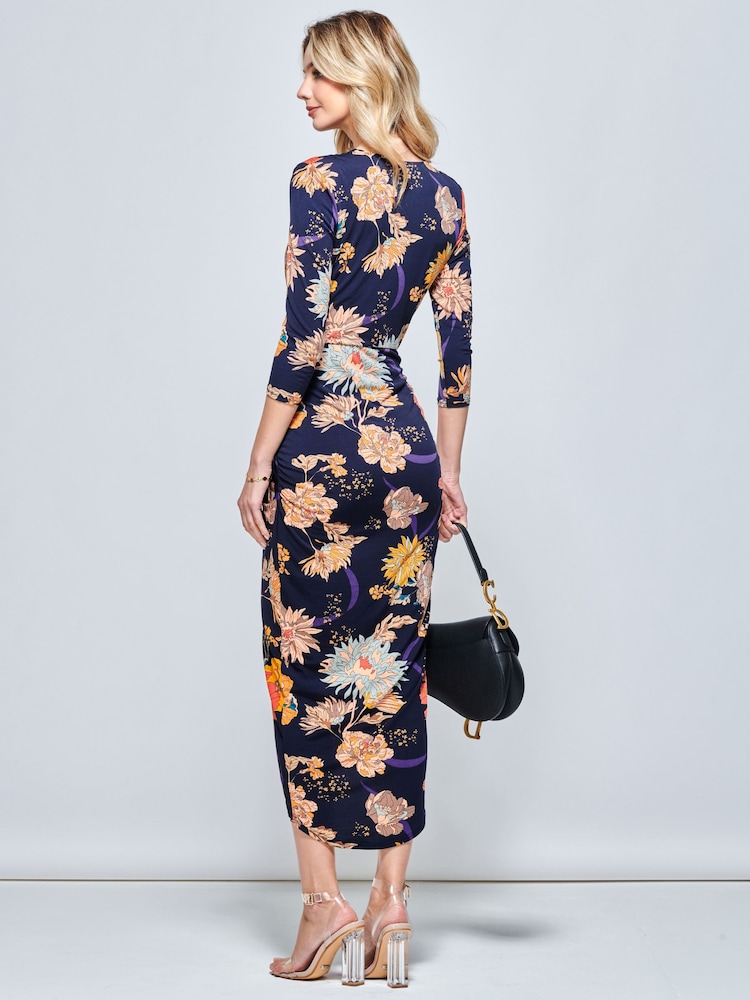 Jolie Moi Blue/ White Long Sleeve Wrap Front Bodycon Dress - Image 2 of 6