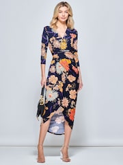 Jolie Moi Blue/ White Long Sleeve Wrap Front Bodycon Dress - Image 3 of 6