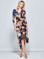 Jolie Moi Blue/ White Long Sleeve Wrap Front Bodycon Dress - Image 4 of 6