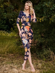 Jolie Moi Blue/ White Long Sleeve Wrap Front Bodycon Dress - Image 6 of 6