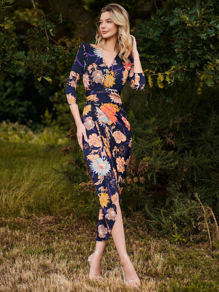 Jolie Moi Blue/ White Long Sleeve Wrap Front Bodycon Dress - Image 6 of 6