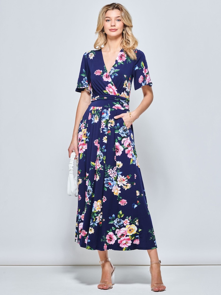 Jolie Moi Blue Shreya Jersey Angel Sleeve Maxi Dress - Image 1 of 2
