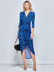Jolie Moi Blue/ Black Print Wrap Front Bodycon Maxi Dress - Image 1 of 6