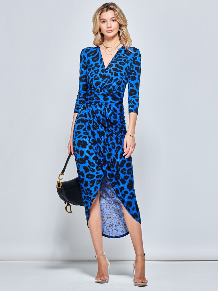 Jolie Moi Blue/ Black Print Wrap Front Bodycon Maxi Dress - Image 1 of 6 Jolie Moi Blue/ Black Print Wrap Front Bodycon Maxi Dress - Image 1 of 6