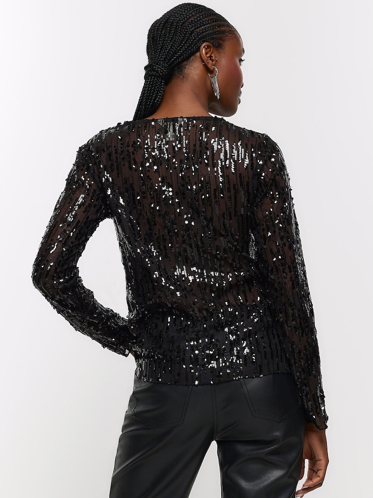River Island Black Fitted Spaced Sequin Top - Image 2 of 6