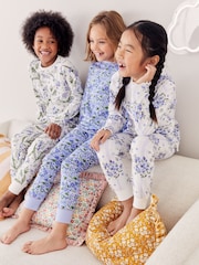 Blue/White Bluebell 100% Cotton Floral Snuggle Pyjamas 3 Pack (9mths-16yrs) - Image 1 of 9
