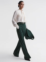 Reiss Bottle Green Jade Wide Wide Leg Wool Blend Mid Rise Suit Trousers - Image 1 of 5