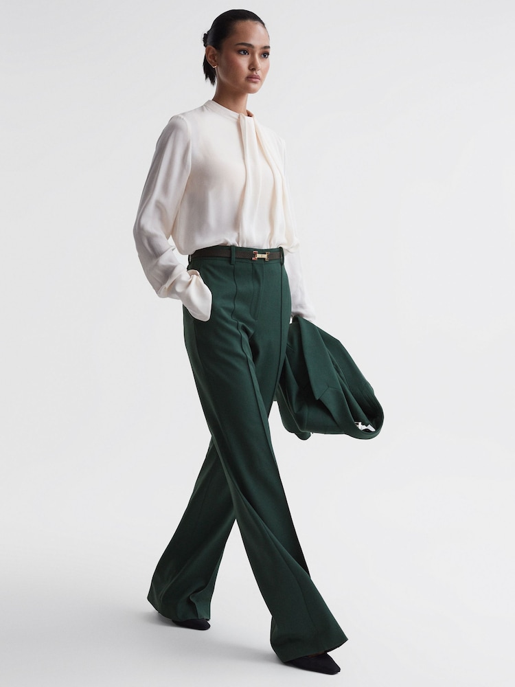 Reiss Bottle Green Jade Wide Wide Leg Wool Blend Mid Rise Suit Trousers - Image 1 of 5