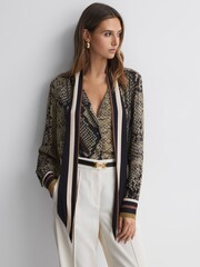 Reiss Brown Emmy Snake Print Tie Neck Blouse - Image 1 of 4
