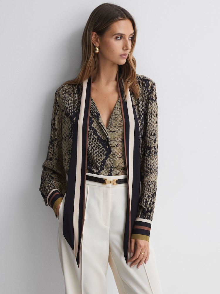 Reiss Brown Emmy Snake Print Tie Neck Blouse - Image 1 of 4