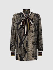 Reiss Brown Emmy Snake Print Tie Neck Blouse - Image 2 of 4