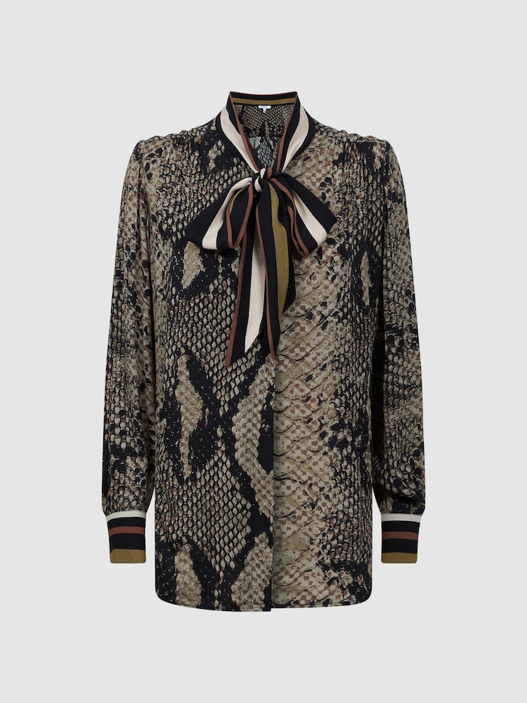 Reiss Brown Emmy Snake Print Tie Neck Blouse - Image 2 of 4
