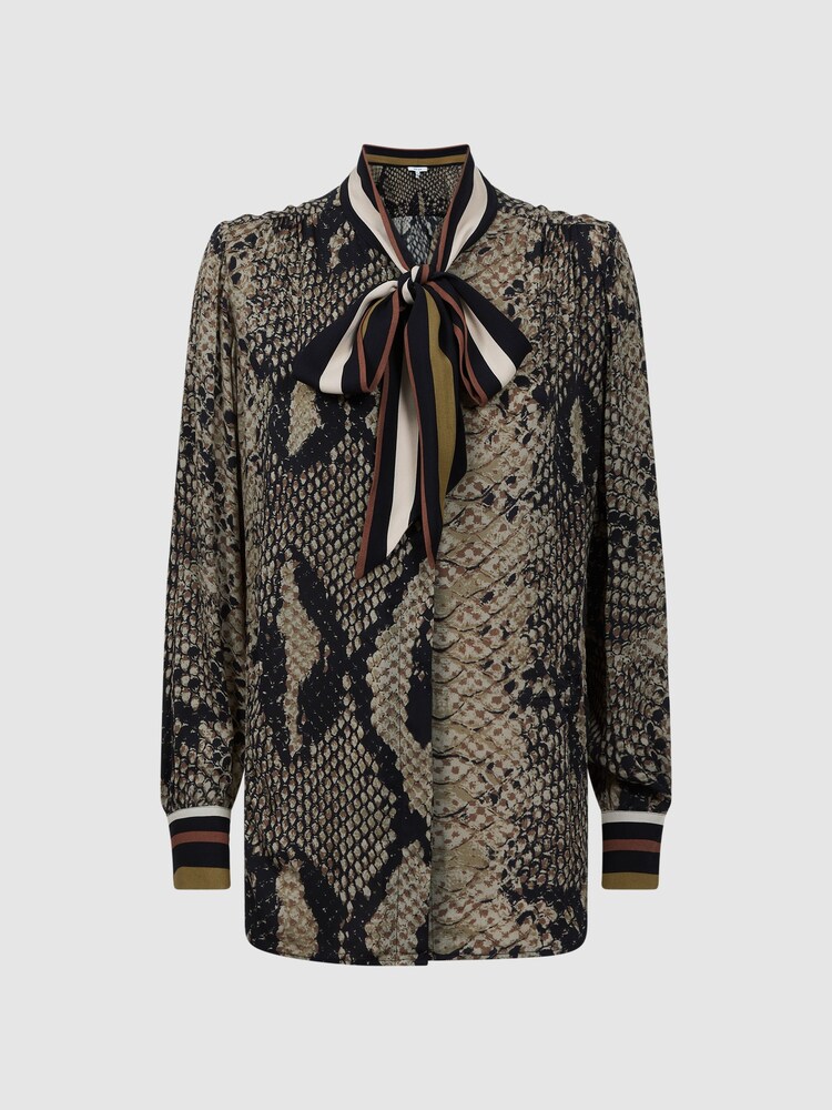 Reiss Brown Emmy Snake Print Tie Neck Blouse - Image 2 of 4 Reiss Brown Emmy Snake Print Tie Neck Blouse - Image 2 of 4