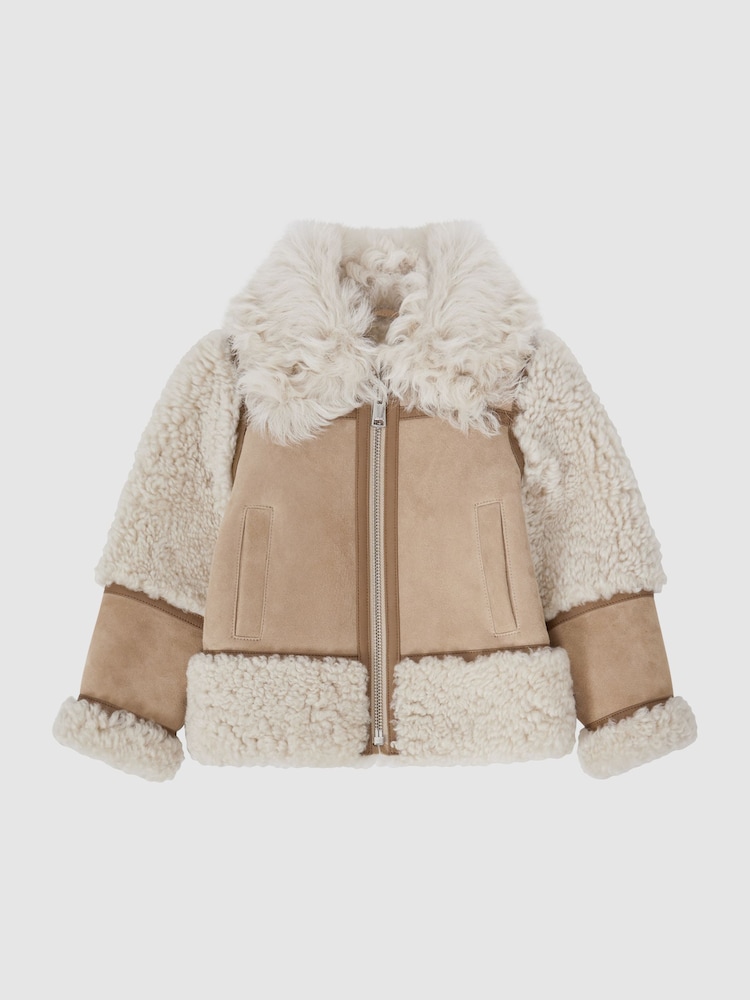 Reiss Neutral Asher 9-14 yrs Suede Sheepskin Zip-Through Jacket - Image 2 of 8