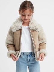Reiss Neutral Asher 9-14 yrs Suede Sheepskin Zip-Through Jacket - Image 3 of 8