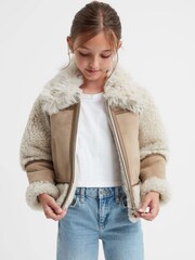 Reiss Neutral Asher 4-9 yrs Suede Sheepskin Zip-Through Jacket - Image 1 of 8