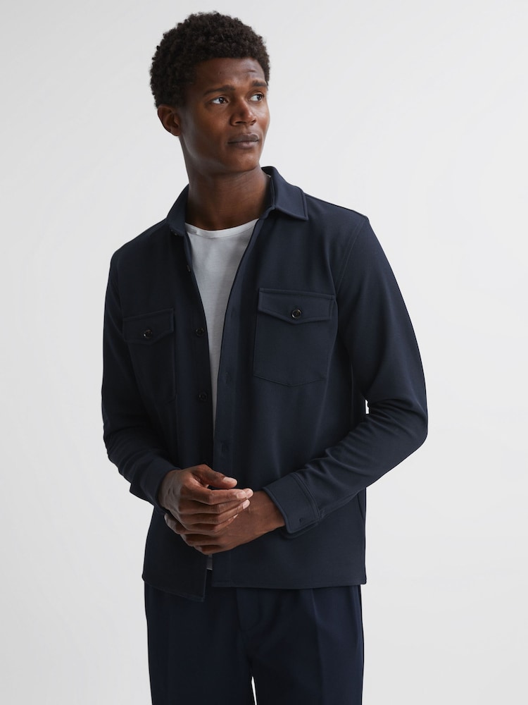 Reiss Navy Borneo Twin Pocket Long Sleeve Overshirt - Image 1 of 4