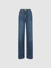 Reiss Dark Blue Hallie Mid Rise Straight Leg Side Stripe Jeans - Image 2 of 6