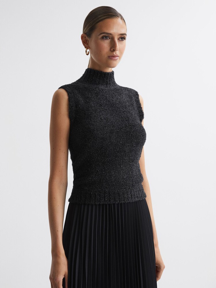 Reiss Black Georgia Tinsel Knitted Sleeveless Vest - Image 1 of 5
