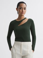 Reiss Green Myla Cotton Cut-Out Long Sleeve Top - Image 1 of 4