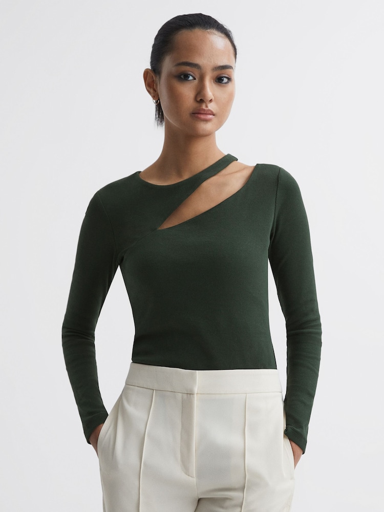 Reiss Green Myla Cotton Cut-Out Long Sleeve Top - Image 1 of 4