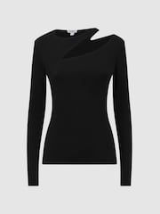 Reiss Black Myla Cotton Cut-Out Long Sleeve Top - Image 2 of 5
