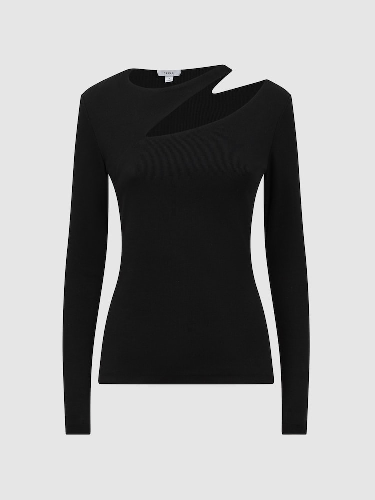 Reiss Black Myla Cotton Cut-Out Long Sleeve Top - Image 2 of 5