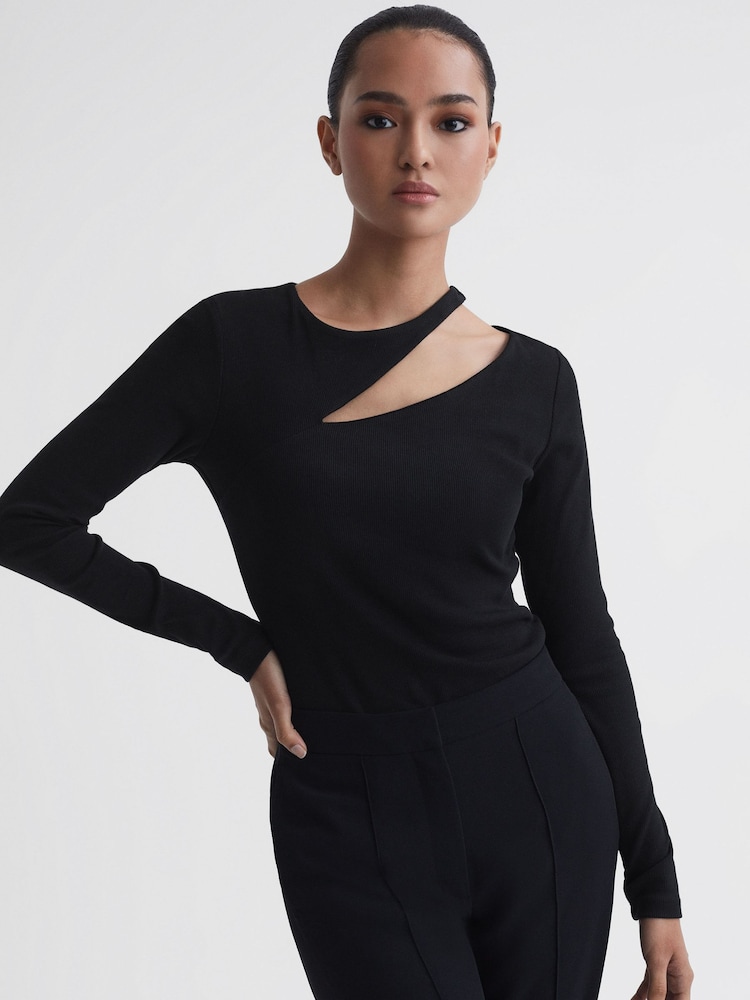 Reiss Black Myla Cotton Cut-Out Long Sleeve Top - Image 4 of 5