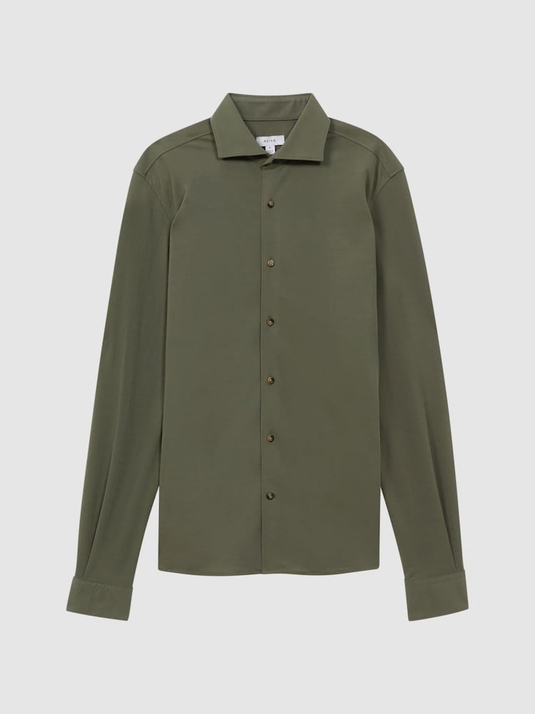 Reiss Khaki Bobby Slim Fit Cutaway Collar Modal Shirt - Image 2 of 6