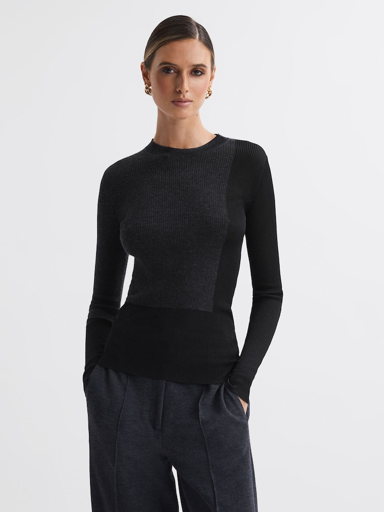Reiss Black/Charcoal Jude Hybrid Wool-Silk Knit T-Shirt - Image 1 of 5