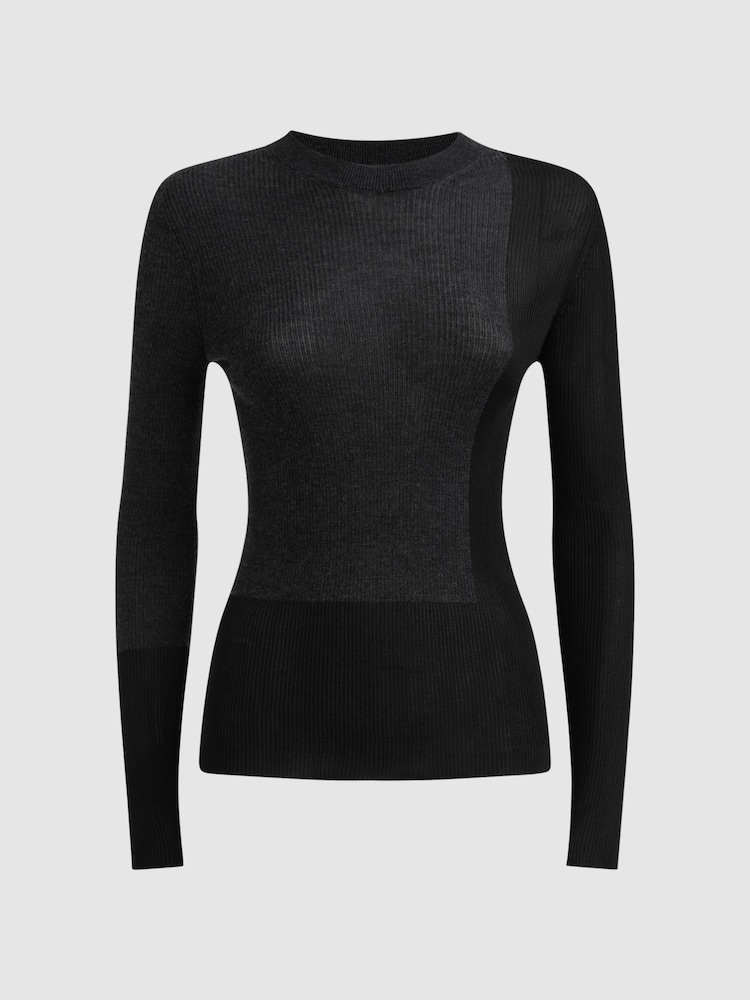 Reiss Black/Charcoal Jude Hybrid Wool-Silk Knit T-Shirt - Image 2 of 5