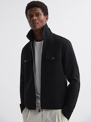 Reiss Navy Medina Interlock-Jersey Zipped Overshirt - Image 1 of 4