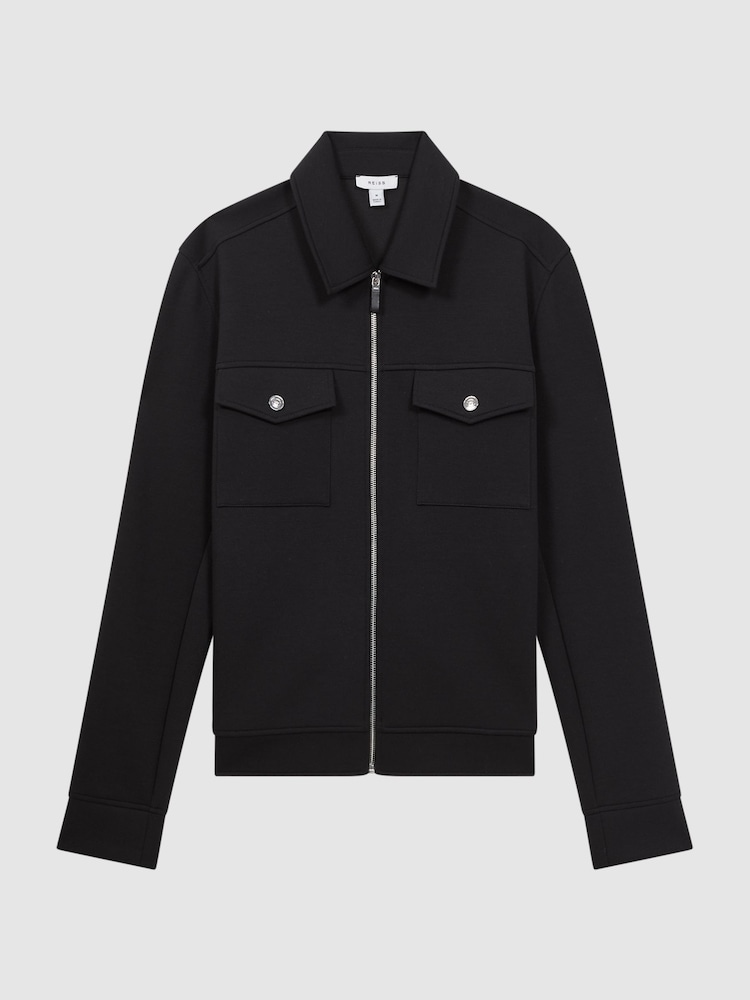 Reiss Navy Medina Interlock-Jersey Zipped Overshirt - Image 2 of 4