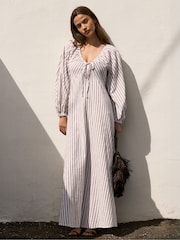 Ro&Zo Brown Petite Stripe Cotton Tie Front Dress - Image 3 of 6