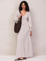 Ro&Zo Brown Petite Stripe Cotton Tie Front Dress - Image 4 of 6